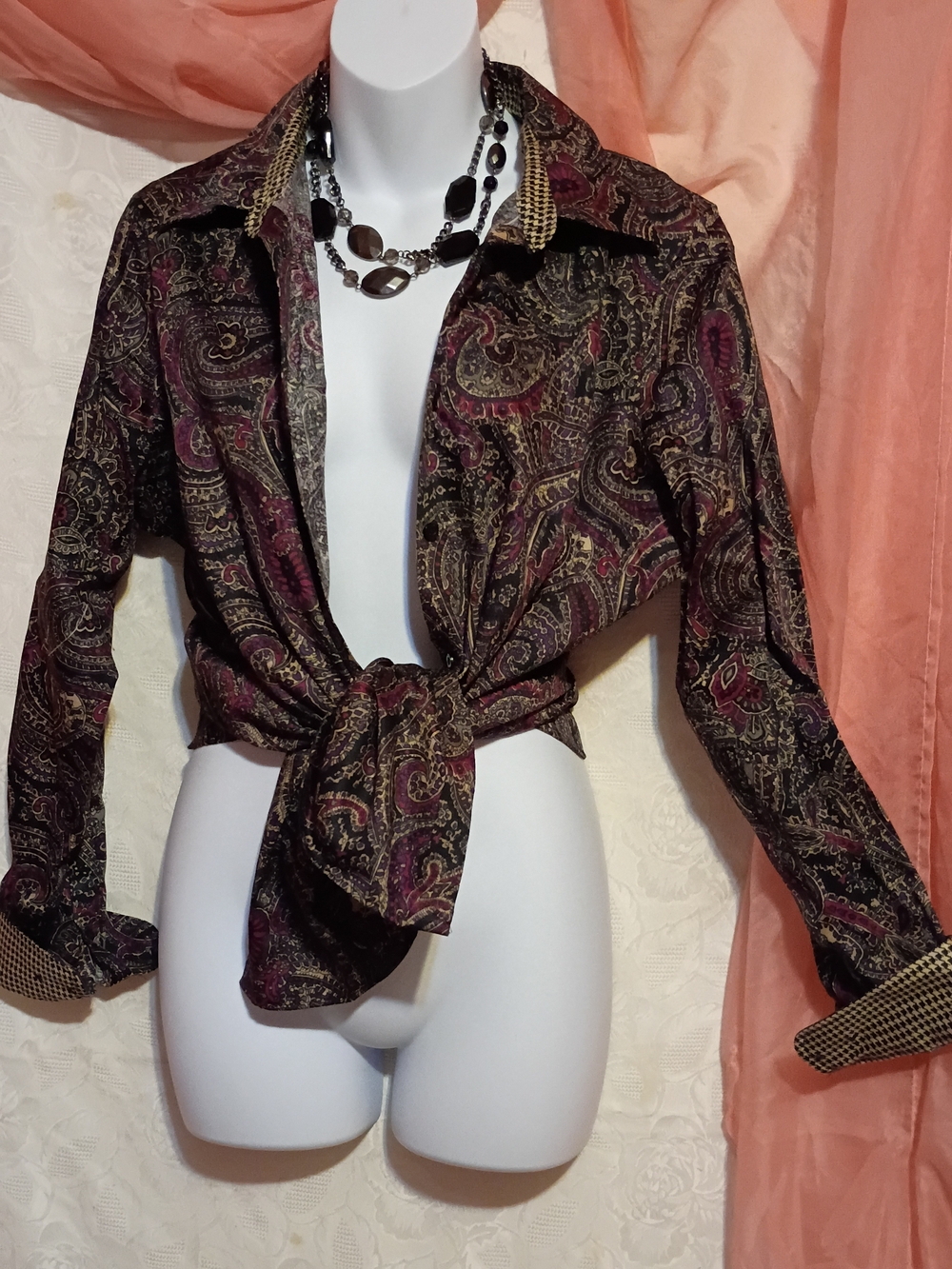 Chaps Ladies Paisley Tie-Front Button-Down Shirt - Taupe & Burgundy Sz XLP